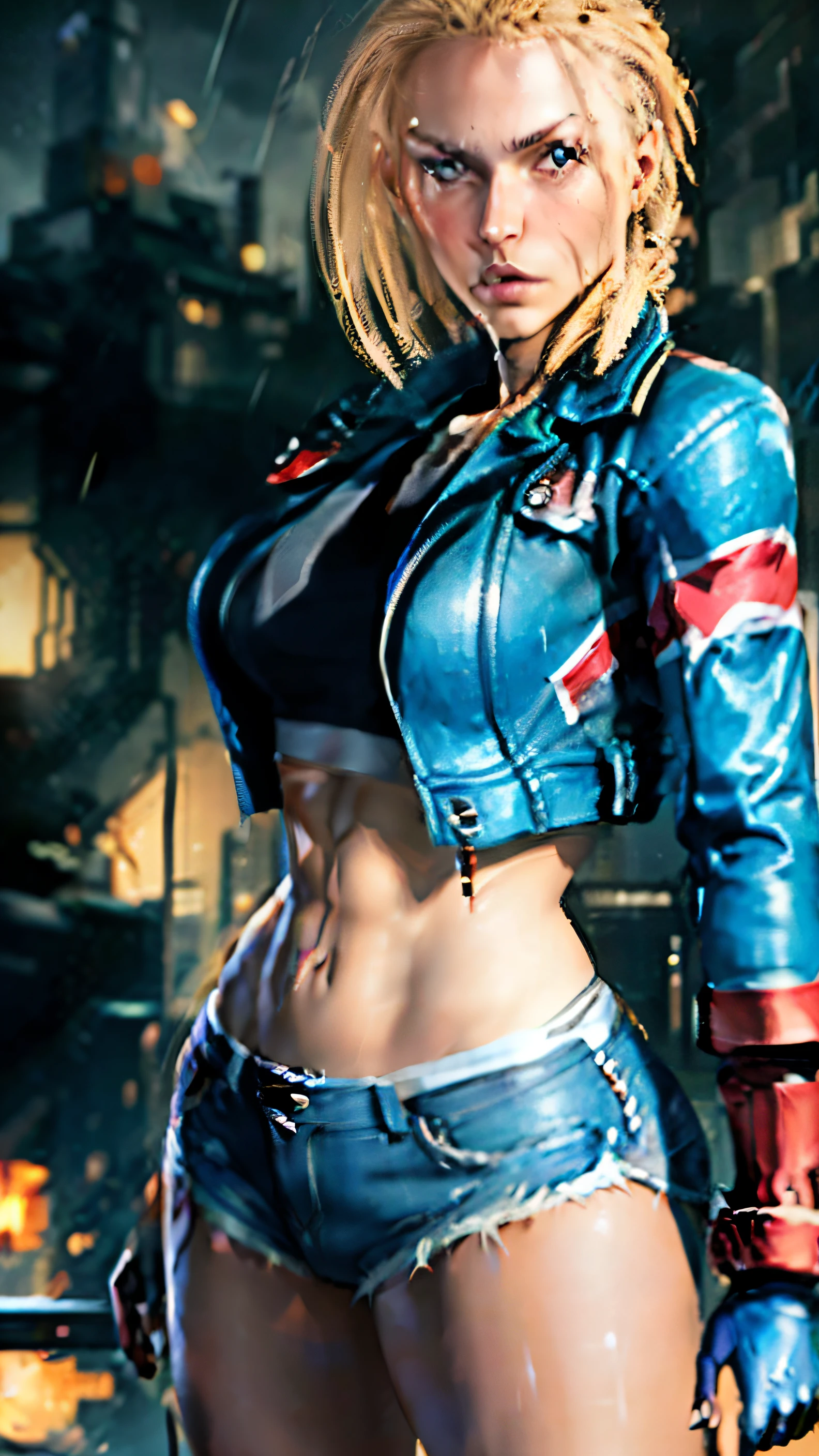 (((Masterpiece))),
((Cammy White)) cosplay, street fighter, best quality, (beauty), 20 year old girl face, pretty face, red crop top, red blouse, (((very short women's denim shorts))), Physics-based rendering, ultra highres, waist narrow, slim, big eyes, long muscular legs, (medium breasts), puffy eyes, night, (rainy city), shiny skin, facing the viewer, firm expression, realistic, woman, sexy, muscular belly, muscular arms , barefoot, standing