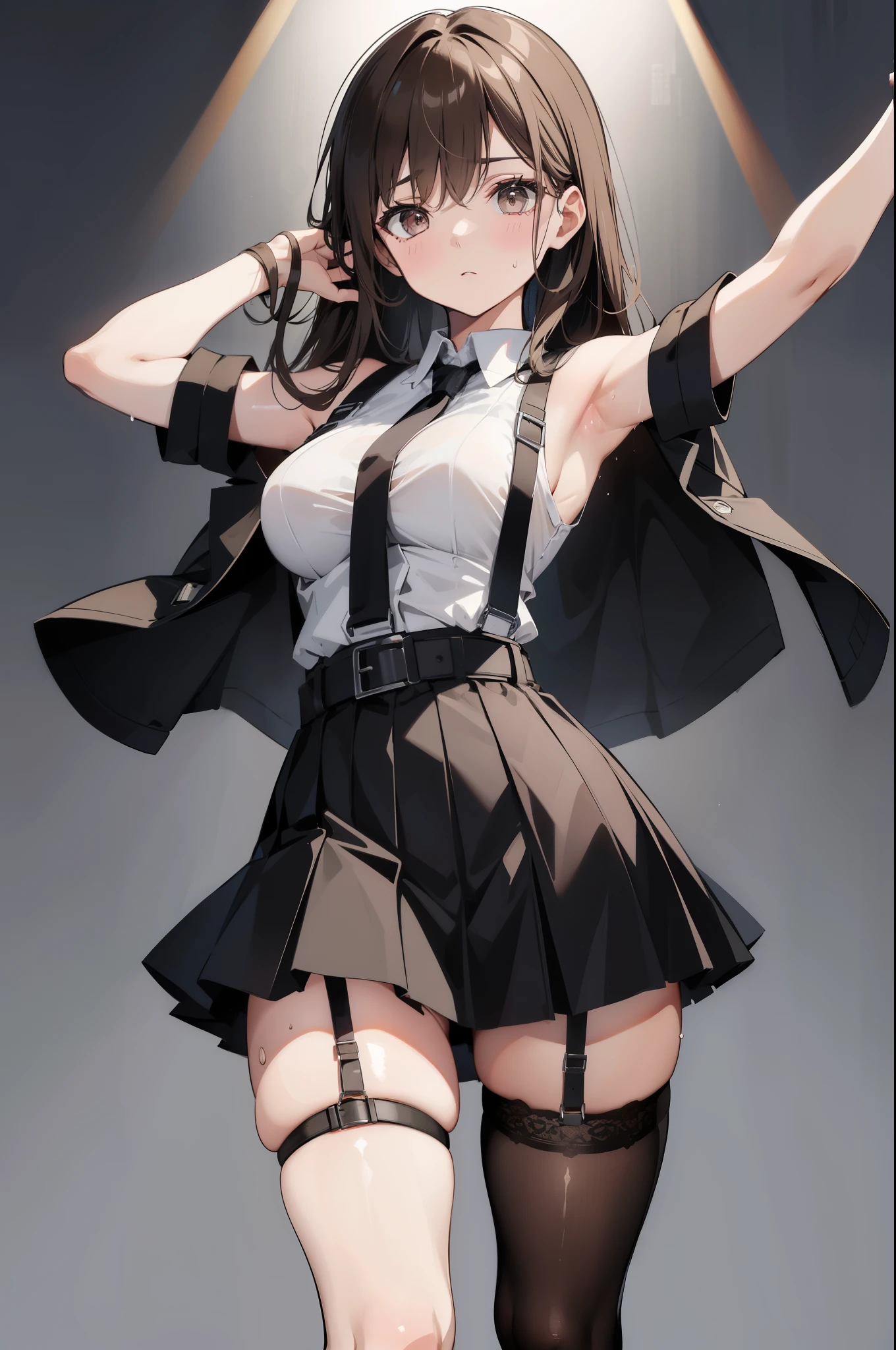 Black skirt, suspenders, Brown hair Gray eyes, Garter belt on the legs, Tight clothes, a belt Armpit sweat deadpan moderate breasts
