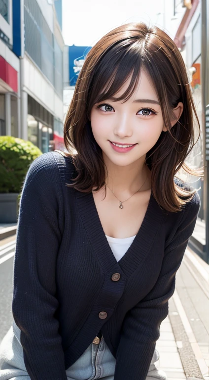 Laughter、 laugh, muste piece, best quality, illustration, Super detailed, fine details, High resolution, 8K Dende Wallpaper, perfect dynamic composition, beautiful detailed eyes, Winter casual wear,medium hair,small breasts、natural color lip, bold pose,shy smile,Harajuku style、20 year old girl、cute type、 shot looking at camera