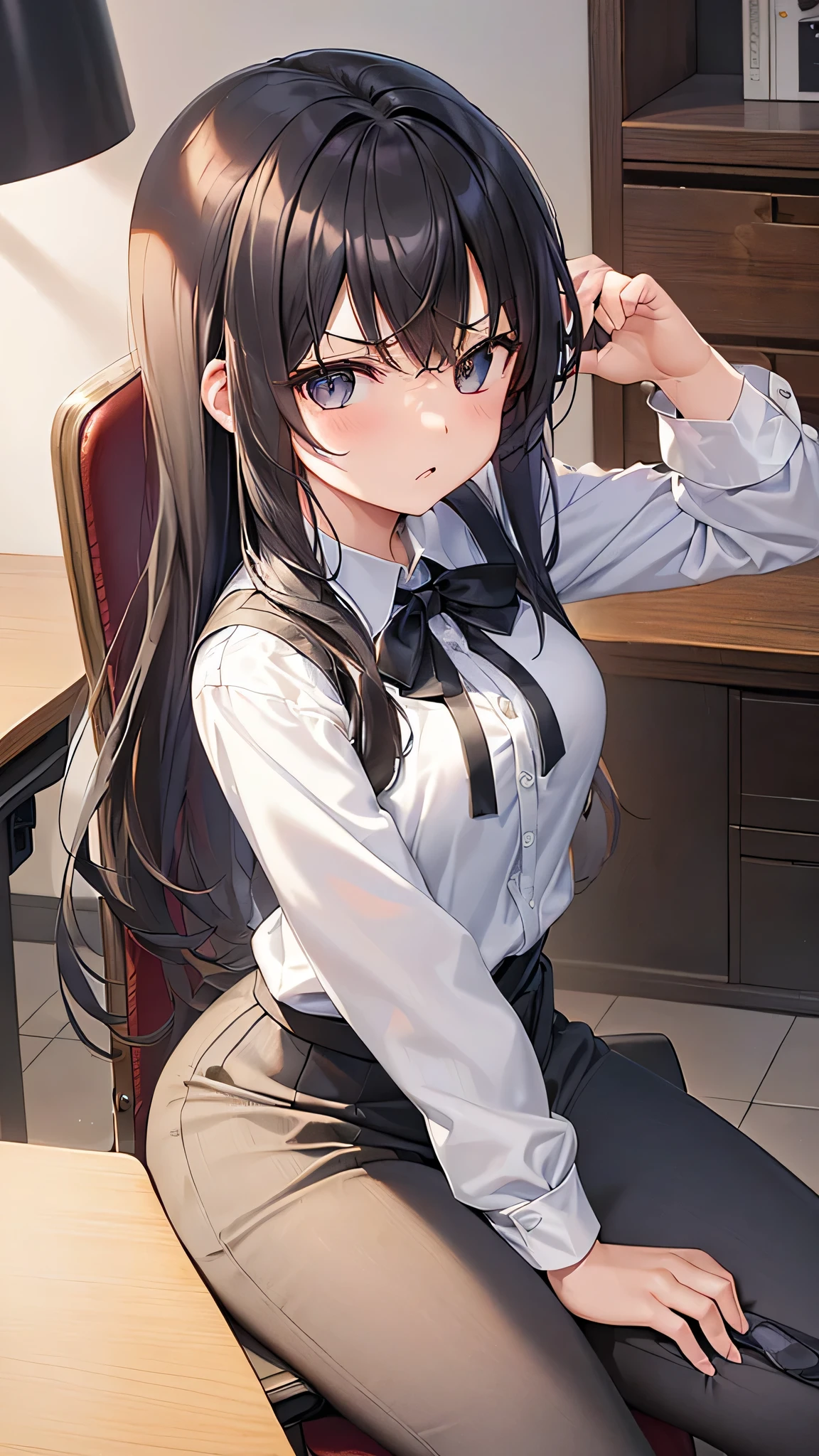 1girl, 独奏, medium hair, looking at viewer, bangs, skirt, shirt, brown eyes, long sleeves, braids, standing, jacket, white shirt, green hair, necktie, collared shirt, indoors, black skirt, uniform, black jacket, window, low twintails, heterochromia, chair, crossed arms, plant, black necktie, desk, pencil skirt,Do you have bare legs?