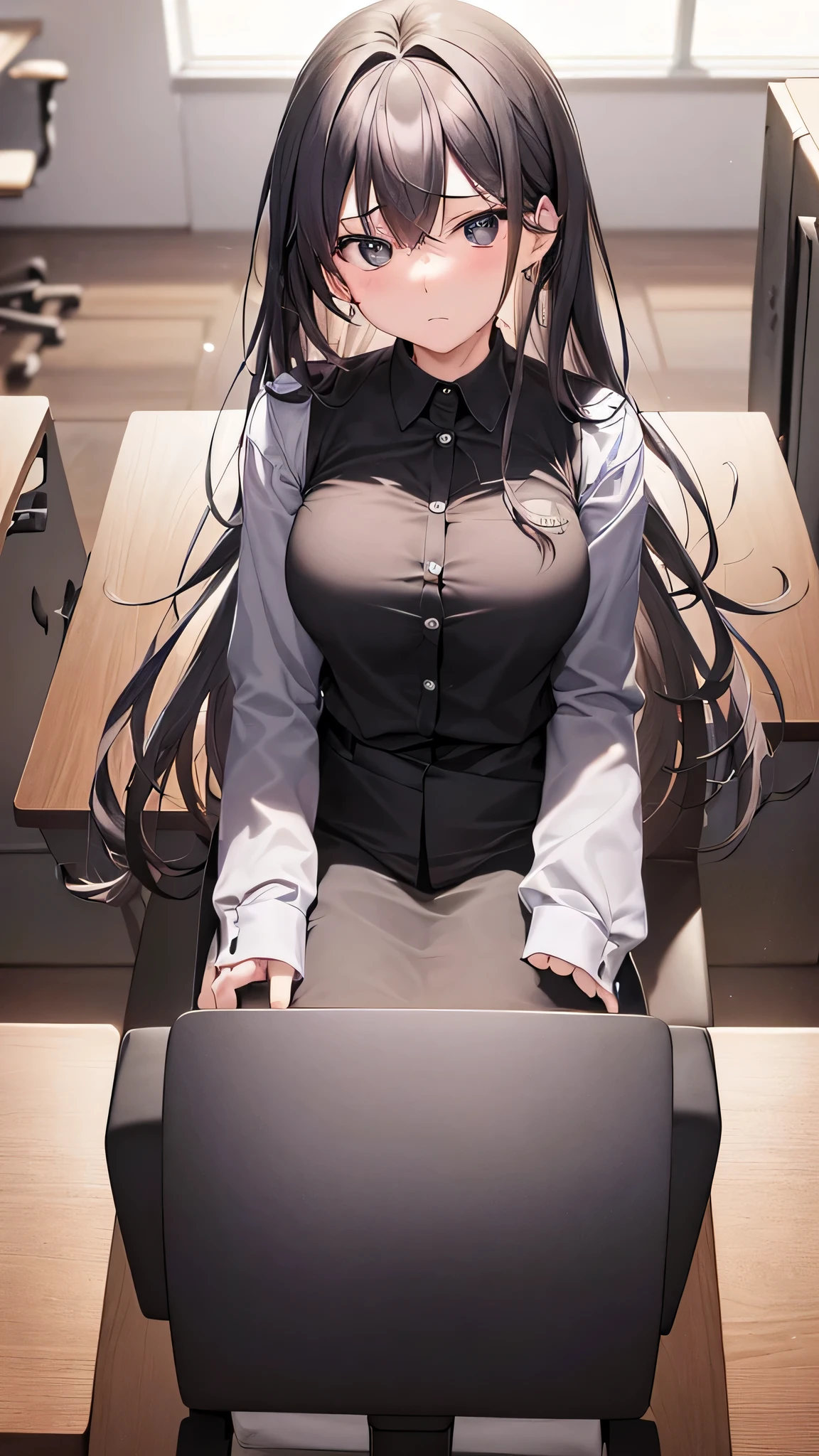 A black woman, dark-skinned, skin black. Long black hair, fringe. Big black eyes. lowrise, serious countenance. Formal office clothes in an office