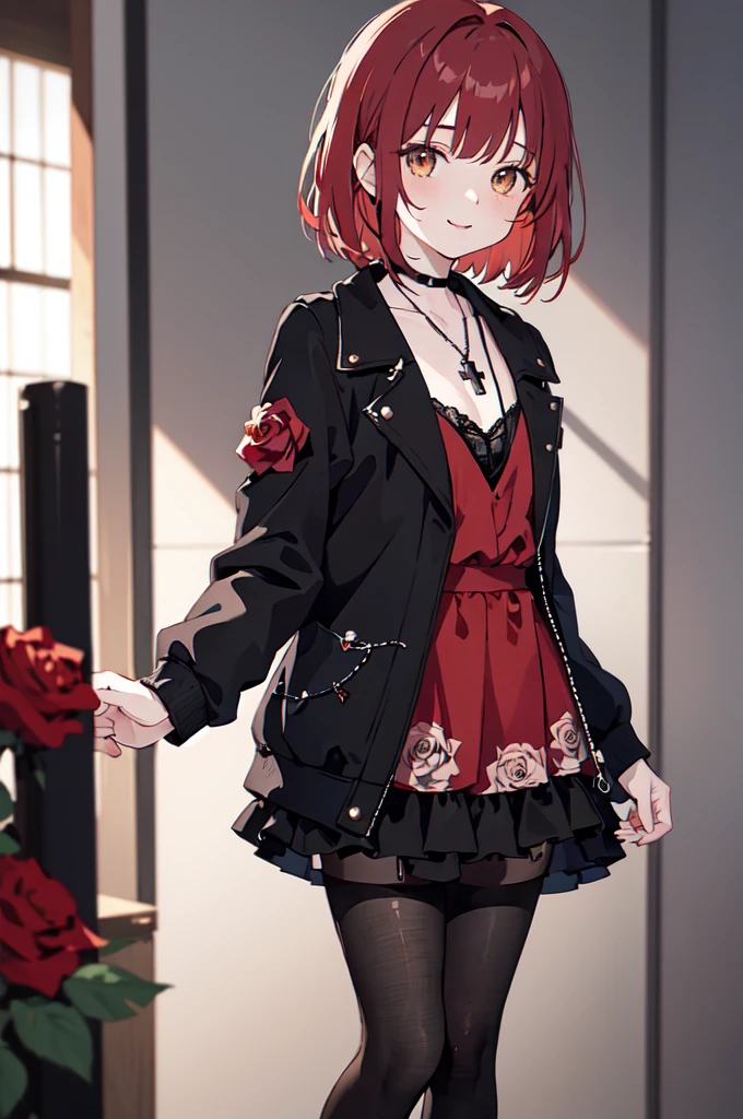 (masterpiece), (best quality), (ultra detailed),(disheveled hair),(illustration), (1woman), ((black attached skirt)(long jacket with small red rose print)(pantyhose with black hearts)(black boots)), standing, Fashion model, looking at viewer, (interview), (casual background),beautiful brown eyes, delicate beautiful face, ,(high saturation),(colorful splashes),(shining), kamisato ayaka, red hair, bangs, short hair, (shining), best lighting, best shadow. catholic cross necklace. smiling sexy. blush