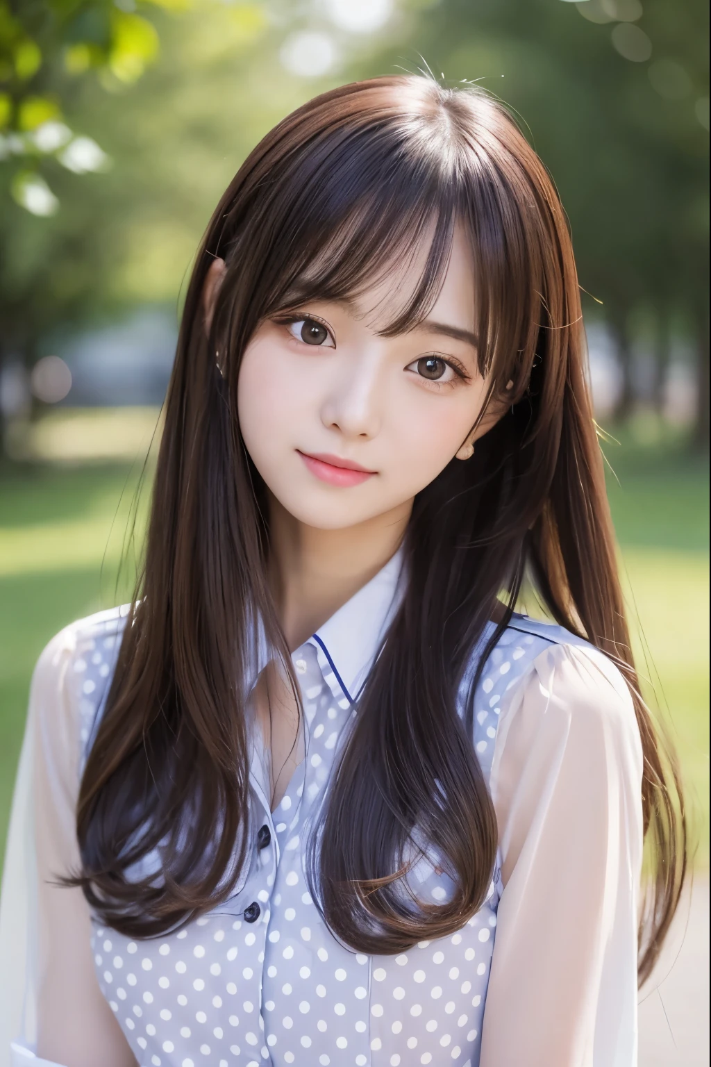there is a woman with long hair wearing a polka dot shirt, 奈良美智, sakimichan, with small nose, chiho, with accurate face, cute natural anime face, japanese facial features, clear cute face, kawaii realistic portrait, asian face, 8k full body photo graph, soft makeup