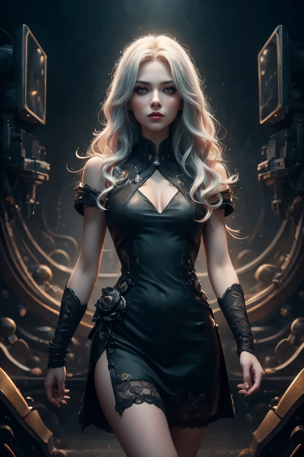 Portrait of a beautiful girl with wavy white hair, wearing a formal black dress with metal parts, red eyes, monograms in the background, digital painting, dark colors, 8k, complex details, vintage, retro futuristic style, sharp focus on the center, pastel colors, art station, (sci-fi, future, future theme), (facial expression looking with disdain), (detailed illustration)