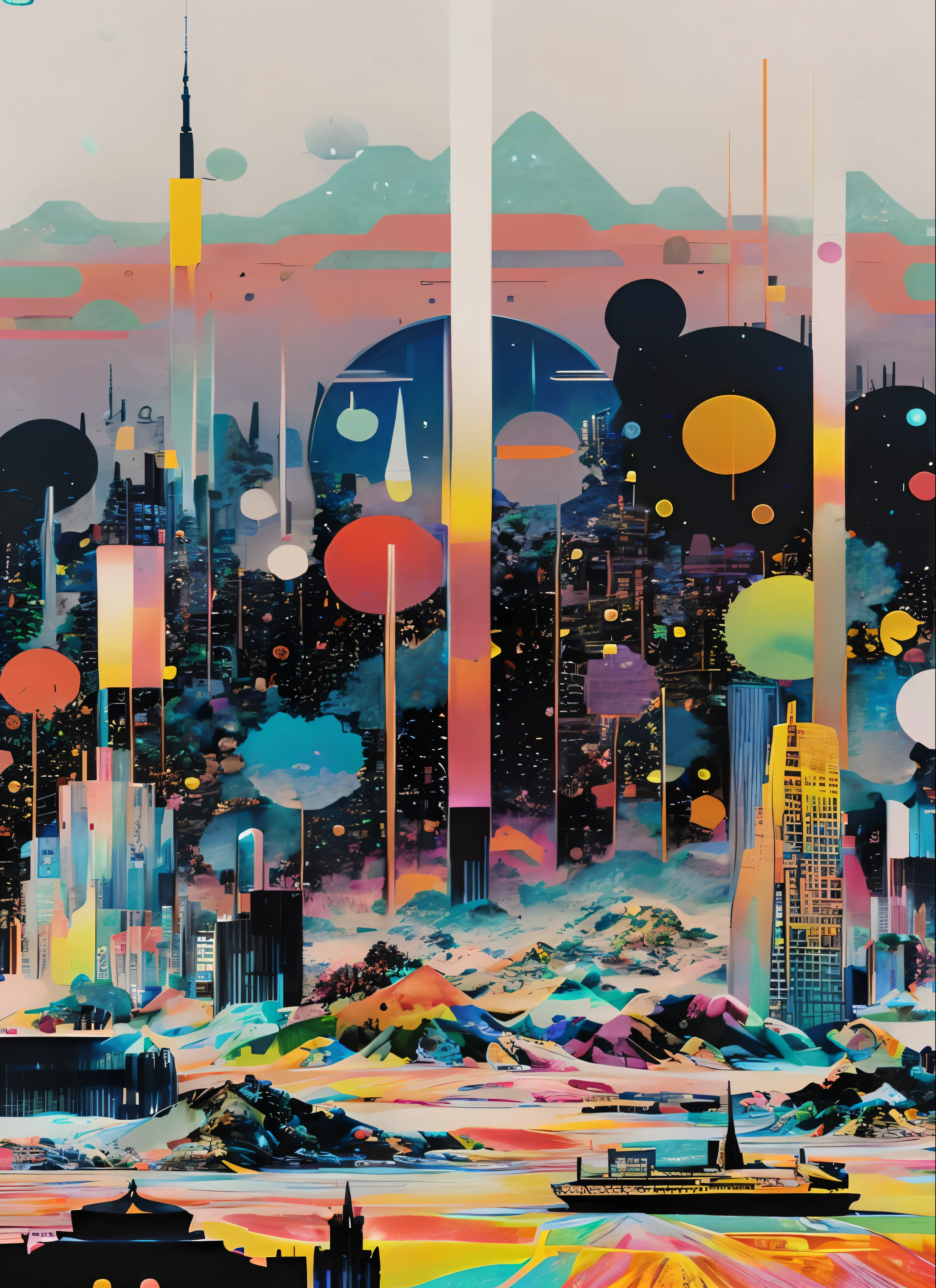 A colorful picture depicting a city with many buildings, greg beeple, colorful dystopian futurism, Just Bartel, Beeple and Tim Hildebrandt, Futuristic painting, Beeple and James Jean, inspired by Tomokazu Matsuyama, Beeple and Greg Lutkowski, Beeple's Style Hybrid Mix, Beeple and Jeremiah Ketner