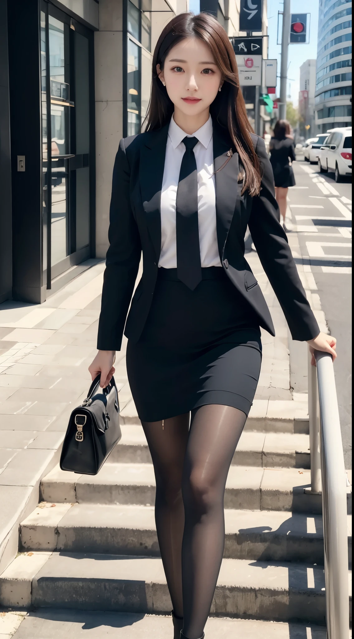 ulzzang-6500-v1.1, (RAW photo:1.2), (realistic), beautiful detailed girl, (genuine: 1.4), A woman in a skirt and jacket is climbing stairs, business woman, Wearing pantyhose、walk to work with a briefcase, 厳格なbusiness suitを着ている, walk to work, business wear, business suitを着て, business suitを着ている, business suitを着ている, Business service, woman wearing office dress, girl in a suit, business suit, business attire