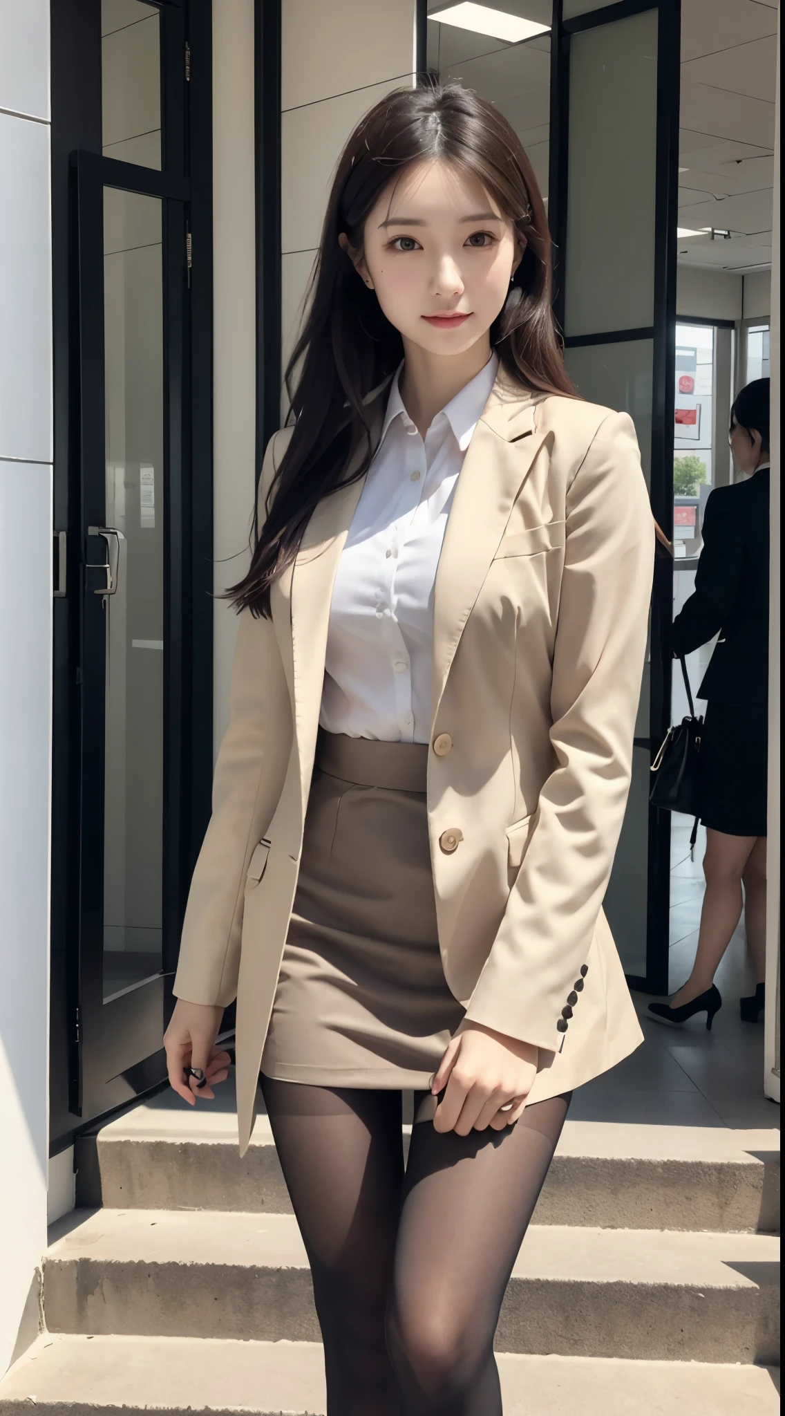 Woman in a suit standing on the sidewalk,((20-year-old woman))、small Breasts、Dark brown hair color、Hairstyle with bangs、Various hairstyles、Hairstyles of different lengths、(8k, RAW Photos, highest quality, Tabletop: 1.2),、(Realistic, Realistic: 1.3), Cityscape, Day, Sunny Morning, Professional Lighting, Photon Mapping, shirt, (Woman in a suit,) Silk Suit、Tight mini Skirt、((Delicate photo))，(Detailed RAW Photos of Girls), (Tabletop:1.25), (highest quality:1.6), (超A high resolution:1.5), (Realistic:1.75), 8k resolution, Canon EOS R5, 50mm, absurdes, Ultra-detailed,Cinema Lighting, (Skirt Lift:1.5)、the wind is strong、smile、Skirt flipped up, ((openclotch_panties)), nsfw, beautiful pussy,