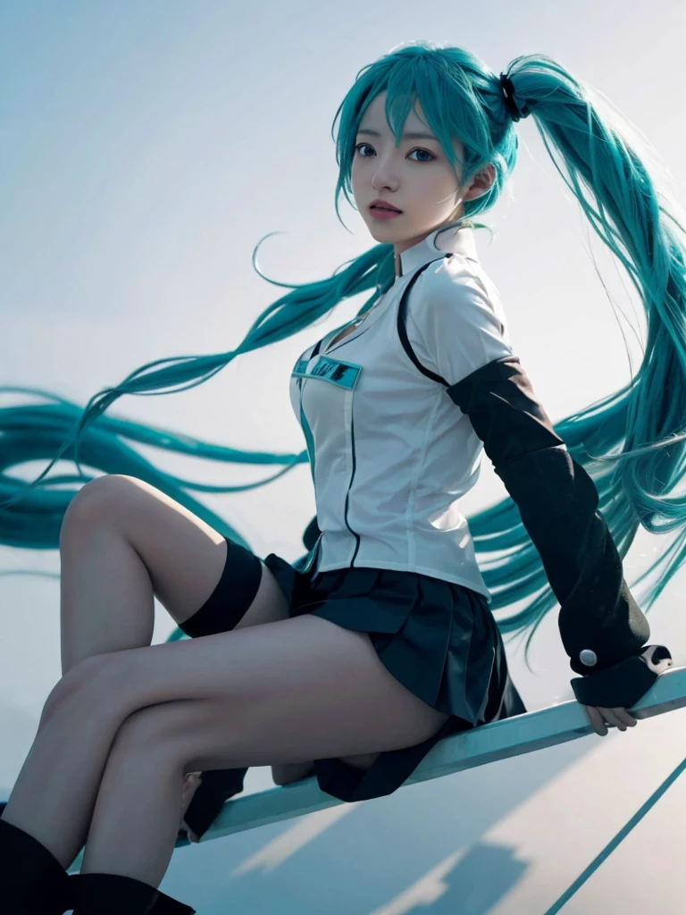 (one woman)、(master piece)、(best quality)、(super detailed)、(high color saturation)、(CG illustration)、high contrast、((Low - Angle))、Vocaloid、((miku hatsune))、(fine and beautiful eyes)、delicate and beautiful features、((flowing hair))、(( gundam armor))、see-through shirt、(black stockings)、((B cup breasts))、((Teaks)) 、best lighting、spread your legs、Floating inside、simple background