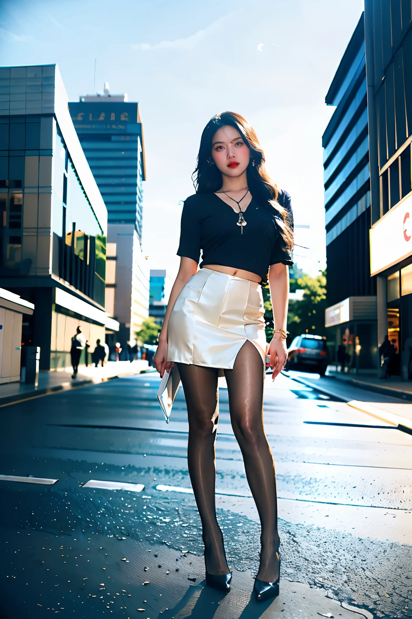 Accessories,jewelry,(masterpiece:1.2),(fidelity:1.2),(best quality),(Skin details:1.3),(intricate details),bathed in light and shadow,street with skyscrapers,On a bustling city street,full-body shot,skin tone,shiny black high heels,Stand with your feet apart,Blue sky and white clouds,sunny,two women,Tight miniskirt,shirt,wavy long hair,Heavy makeup,skin tone,red lips,Stand with your legs apart