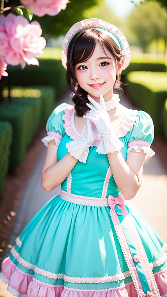 1girl, photo, masterpiece, sweetlolita, turquoise dress, gloves, smile, pastel colors, bokeh,