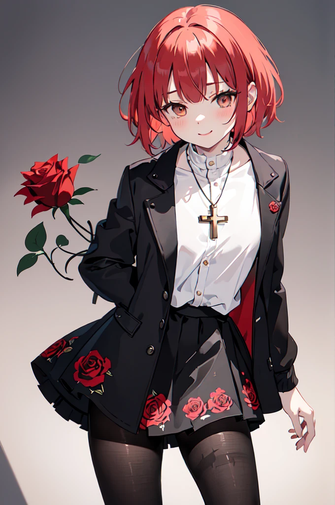 (masterpiece), (best quality), (ultra detailed),(disheveled hair),(illustration), (1woman), ((black attached skirt)(long jacket with small red rose print)(pantyhose with black hearts)(black boots)), standing, Fashion model, looking at viewer, (interview), (casual background),beautiful brown eyes, delicate beautiful face, ,(high saturation),(colorful splashes),(shining), kamisato ayaka, red hair, bangs, short hair, (shining), best lighting, best shadow. catholic cross necklace. smiling sexy. blush