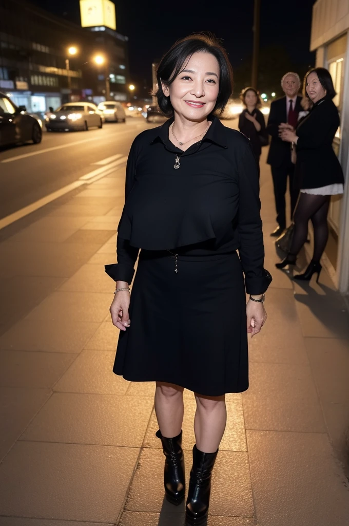 masterpiece, best quality, 16K, city, old woman, happy, smiling, standing, looking at viewer, front view, long hair, wave hair, black hair, eyes open, (makeup:1.31), (large breasts:1.32), (wrinkles corners eyes:1.48), (nasolabial:1.48), (old skin:1.48), pale skin, freckled skin, wrinkles skin, (old muscles:1.2), slender, (office lady, suit), (mini tight skirt), (collared shirt), (high-heels), piercing, necklace, boots, 50-year-old, old, elderly, japanese, outside, in the city, at night, real person, ultra realistic photo, nsfw, full body shot, front view