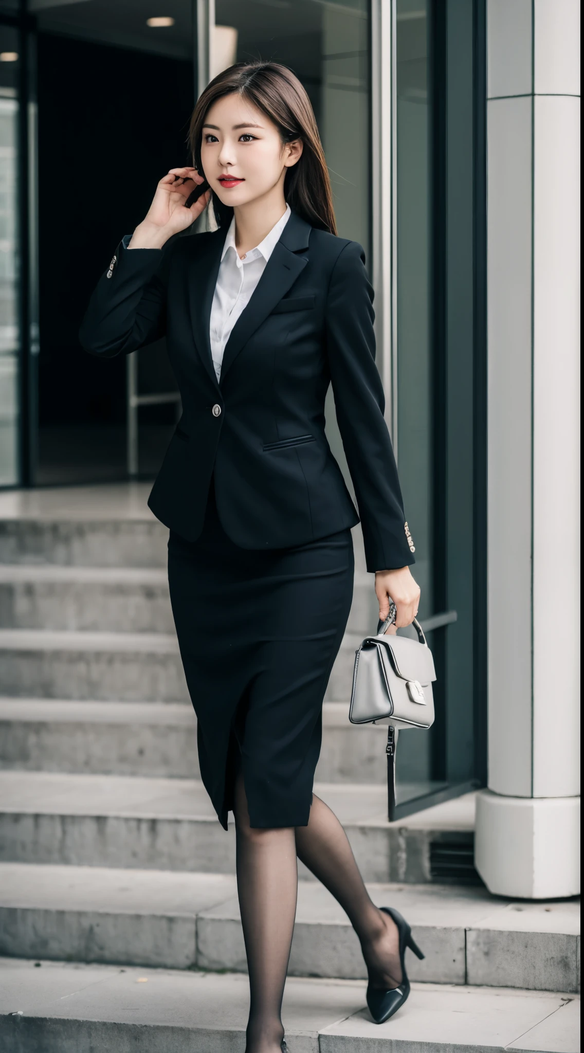 ulzzang-6500-v1.1, (RAW photo:1.2), (realistic), beautiful detailed girl, (genuine: 1.4), 1 female, A woman in a skirt and jacket is climbing stairs, business woman, Wearing pantyhose、walk to work with a briefcase, 厳格なbusiness suitを着ている, walk to work, business wear, business suitを着て, business suitを着ている, business suitを着ている, Business service, woman wearing office dress, girl in a suit, business suit, business attire