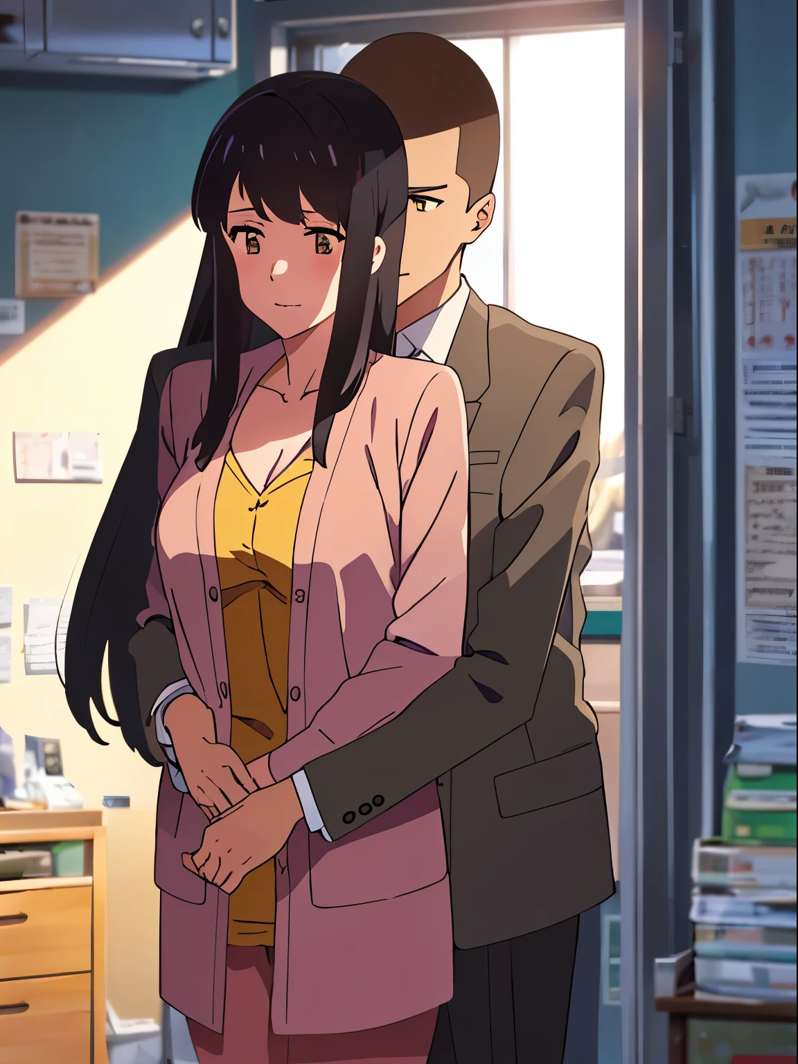 shinkai makoto, kimi no na wa., 1boy, buzzcut,office suit, boy caressing girl's body,  boy is hugging from behind, ear biting 1girl, bangs, black hair, brown eyes, Twisted Half Up, red ribbon, long hair, long sleeve light pink cardigan, open shirt, yellow shirt, cleavage, breast, medium breast, storage room, indoors, masterpiece, perfect anatomy, cowboyshot