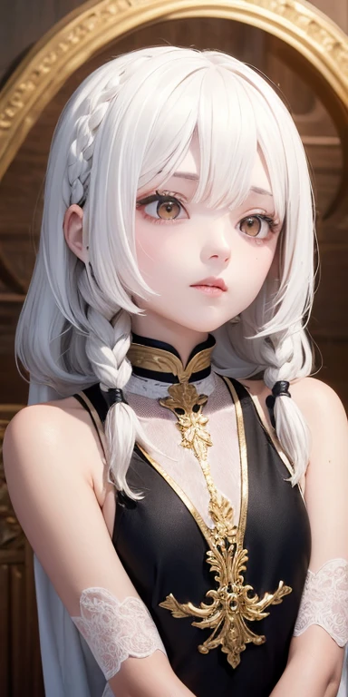 best quality, masterpiece,white hair, gold eyes,white clothes, looking up, upper body,hair strand,Fair skin,side braids,  
