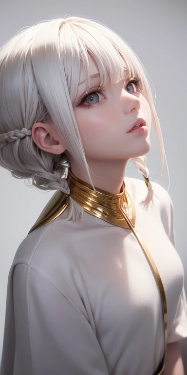 best quality, masterpiece,white hair, gold eyes,white clothes, looking up, upper body,hair strand,Fair skin,side braids