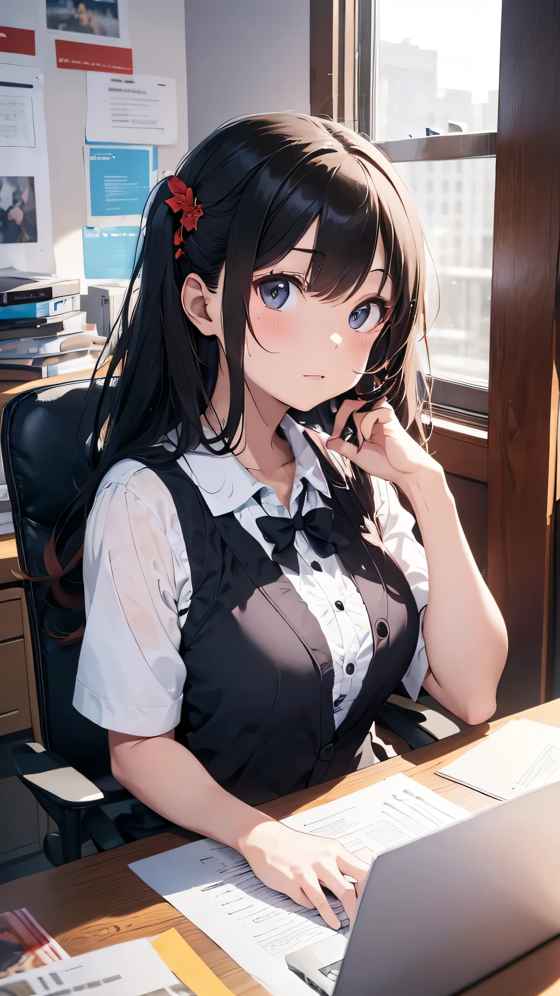 最high quality、best image quality、masterpiece、age girl((18-year-old、 By becoming、vest bust、medium bust,wide open breast tea、black eye, gray hair、long hair、thin,highest valley、Black Y-shirt、Black Recruit Suit,Have a document、face forward、sit on a chair、Get angry、Typing)),high quality、beautiful art、background((company office、Affairs machine、office chair、Laptop))debris flies、Depth of written boundary、movie、visual art、perfect art、8K,genuine