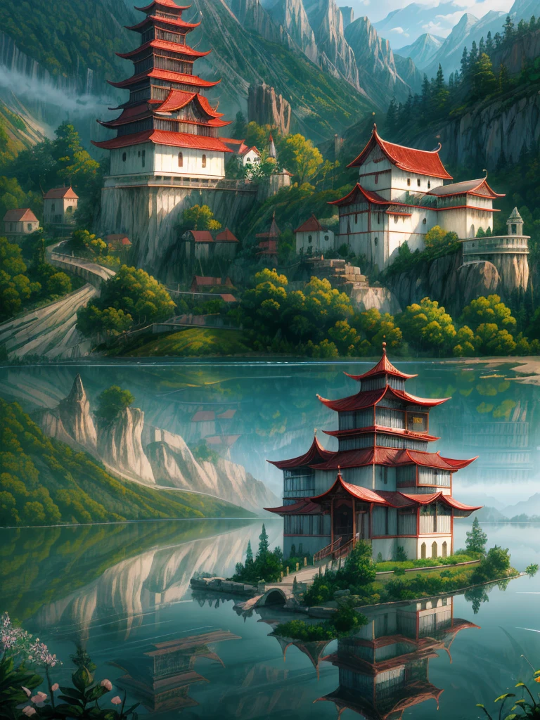 (((masterpiece、Highest image quality、highest quality、highly detailed unity 8kwallpaper)))、(monastery on the lake)、tower