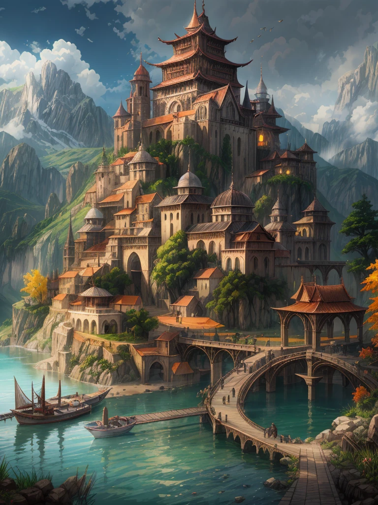 (((masterpiece、Highest image quality、highest quality、highly detailed unity 8kwallpaper)))、(monastery on the lake)、tower