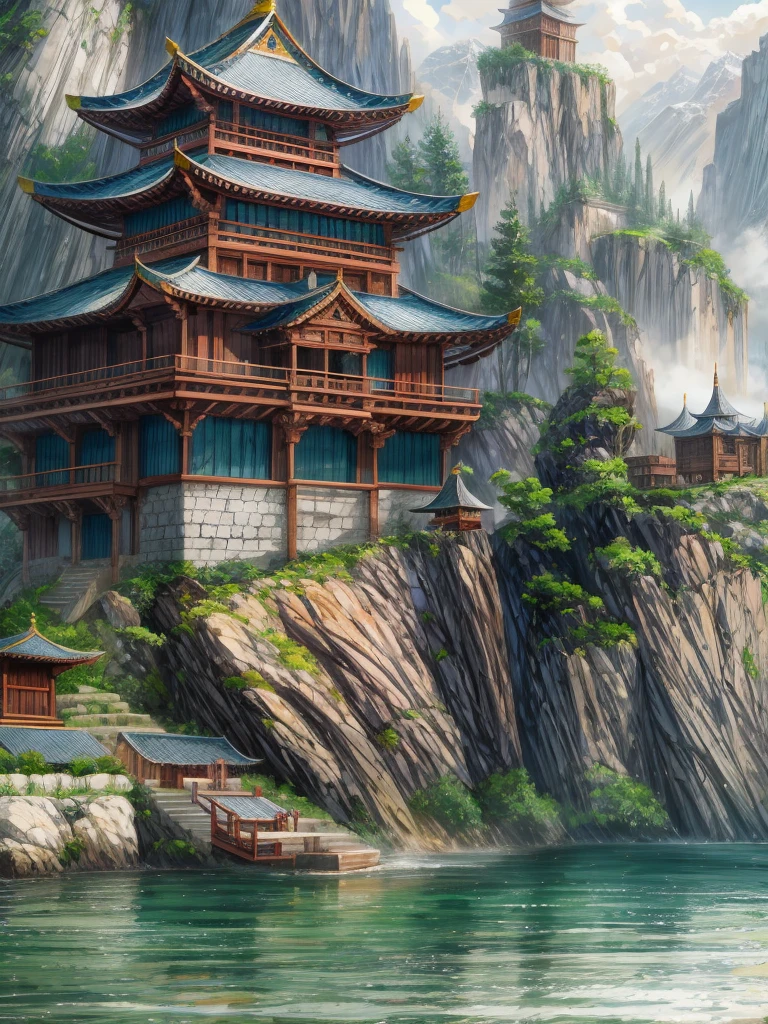 (((masterpiece、Highest image quality、highest quality、highly detailed unity 8kwallpaper)))、(monastery on the lake)、tower
