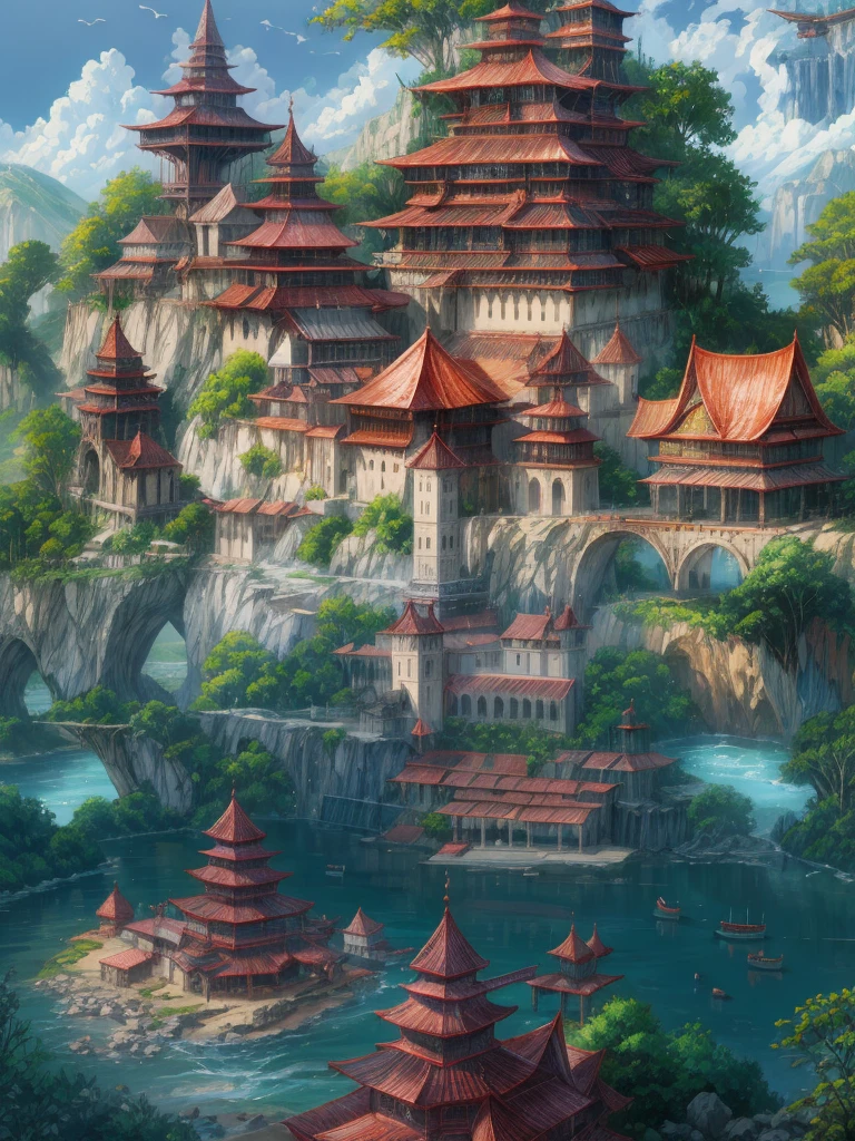 （（（masterpiece、Highest image quality、highest quality、highly detailed unity 8ｋwallpaper）））、（monastery on the lake）、tower