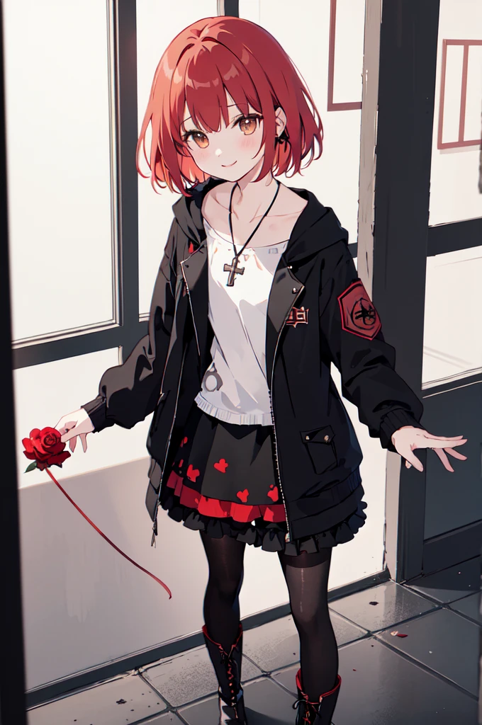 (masterpiece), (best quality), (ultra detailed),(disheveled hair),(illustration), (1woman), ((black attached skirt)(long jacket with small red rose print)(pantyhose with black hearts)(black boots)), standing, Fashion model, looking at viewer, (interview), (casual background),beautiful brown eyes, delicate beautiful face, ,(high saturation),(colorful splashes),(shining), kamisato ayaka, red hair, bangs, short hair, (shining), best lighting, best shadow. catholic cross necklace. smiling sexy. blush