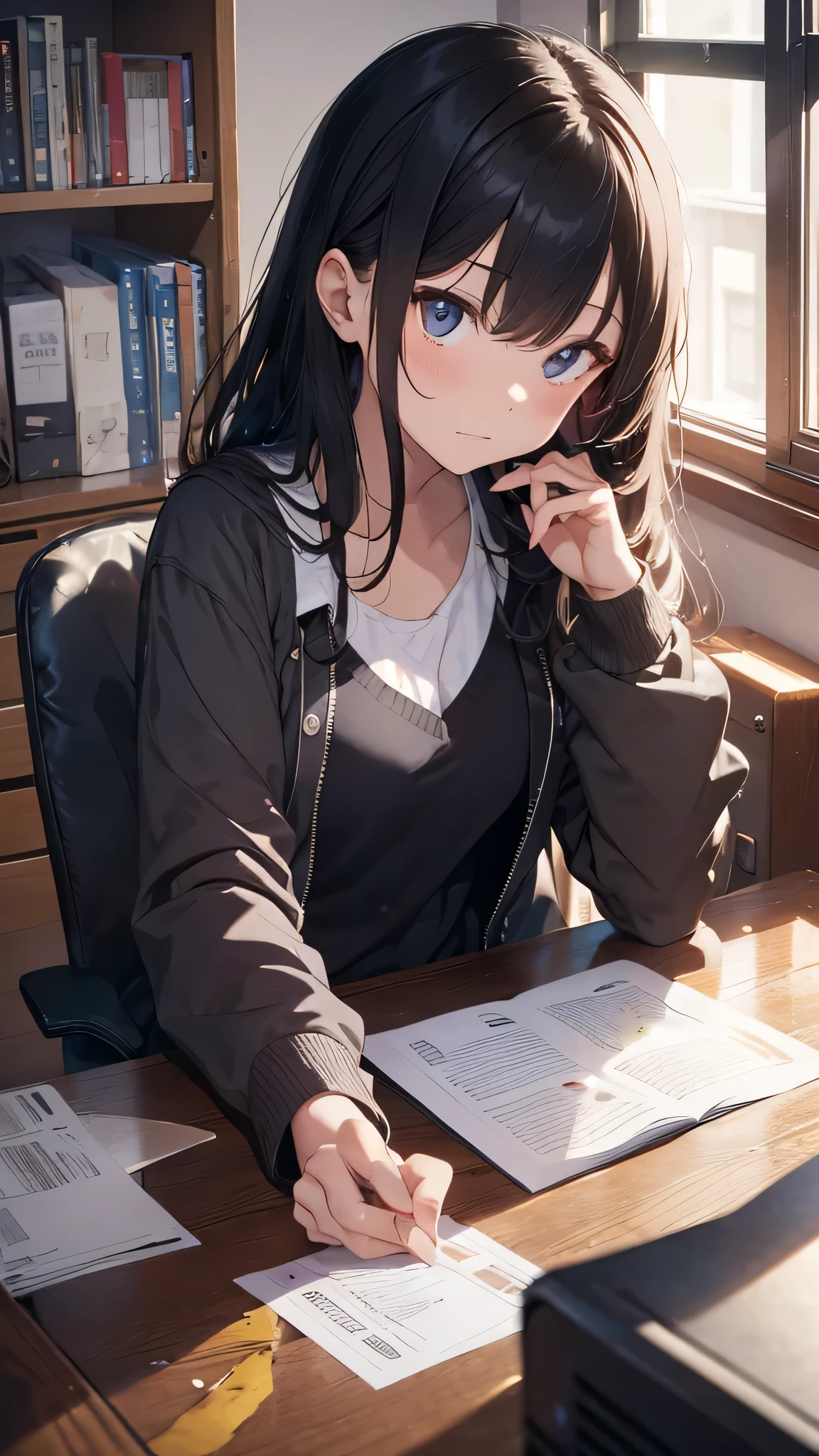 最high quality、best image quality、masterpiece、teenage girl((18-year-old、 By becoming、vest bust、medium bust,wide open breast tea、black eye, gray hair、long hair、thin,highest valley、Black Y-shirt、Black Recruit Suit,Have a document、face forward、sit on a chair、Get angry、Typing)),high quality、beautiful art、background((company office、Affairs machine、office chair、Laptop))debris flies、Depth of written boundary、movie、visual art、perfect art、8K,genuine