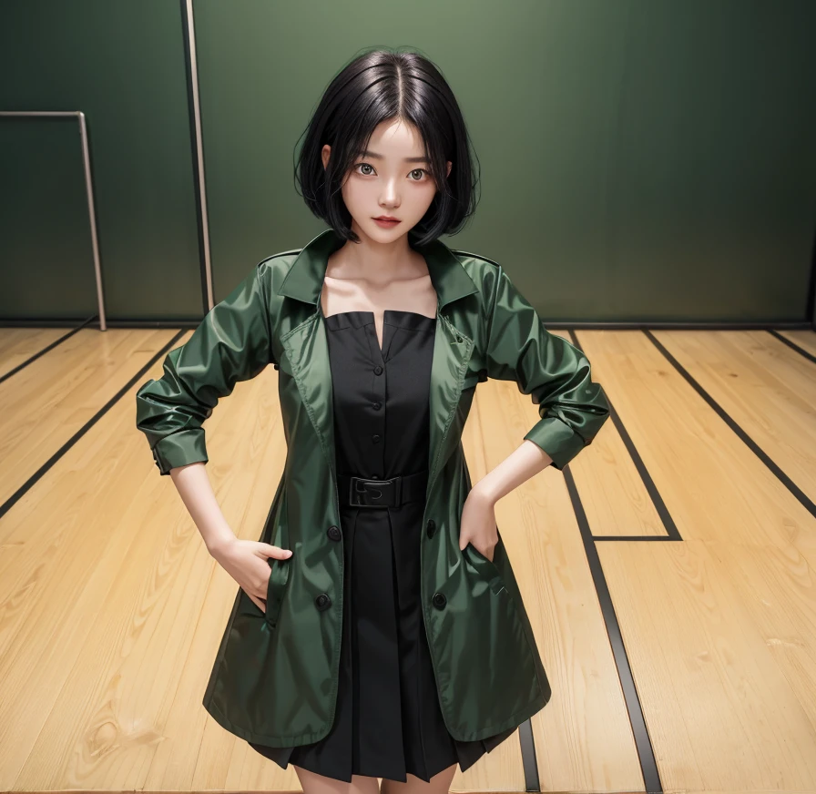 single girl in a green coat and black dress standing on a wooden floor, magical school student uniform, magic school uniform, cloth sim, ray tracing, vivid color, black short hair around shoulder, paint splash, Super fine detail，work，Authentic texture, clear eyes, beauty eyes, perfect cute face