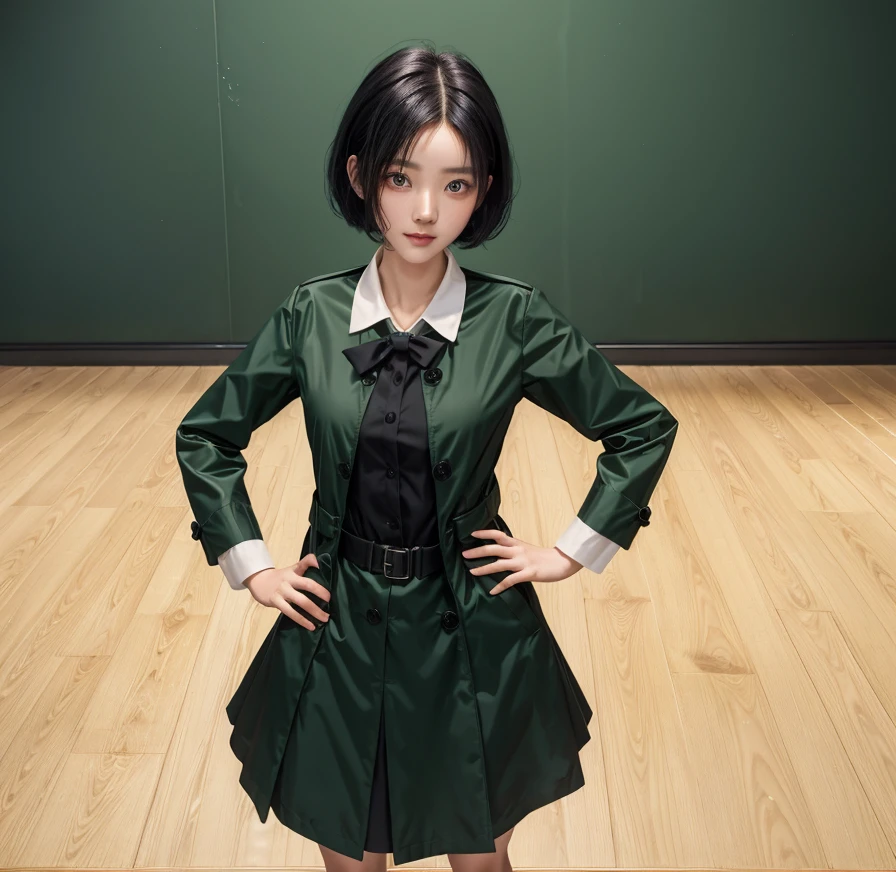 single girl in a green coat and black dress standing on a wooden floor, magical school student uniform, magic school uniform, cloth sim, ray tracing, vivid color, black short hair around shoulder, paint splash, Super fine detail,work,Authentic texture, clear eyes, beauty eyes, perfect cute face