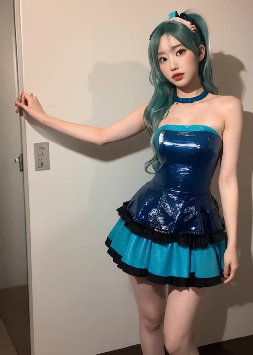 Hatsune Miku's Costume、full body shot、A woman with the same face as last time(misaki),4K、1people's women、slender、 Loose wavy styling 、light blue hair、seductive and attractive,Including face and skin texture,detailed eyes、a seductive look