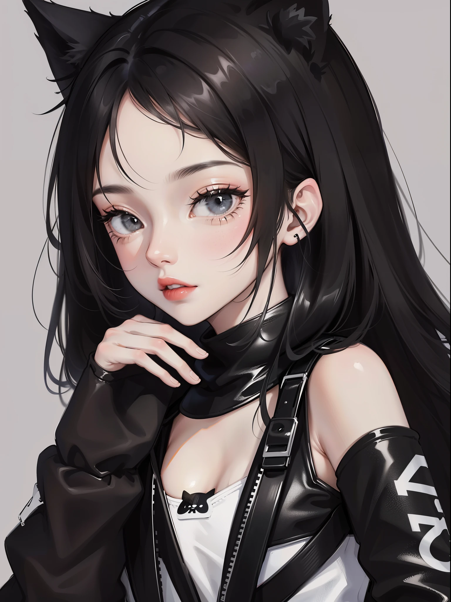 Close-up, one girl, cat ears, black hair, black eyes, black and white streetwear clothes, black and white accessories