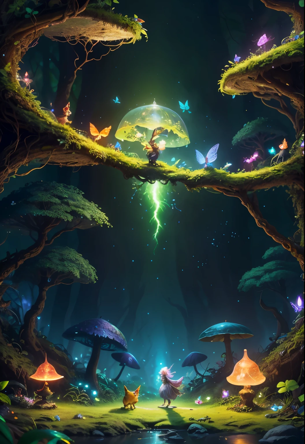 Fantasy in a glass, "ethereal roses, cute slime animals, glowing little mushrooms surrounded by delicate leaves and branches, and fireflies and glowing particle effects, girls in dynamic poses", (natural elements), (jungle theme), (leaves), (branches), (fireflies), butterflies, (delicate leaves), (glow), (particle effects), super realistic, super detailed, dramatic lightning, 4k, masterpiece,