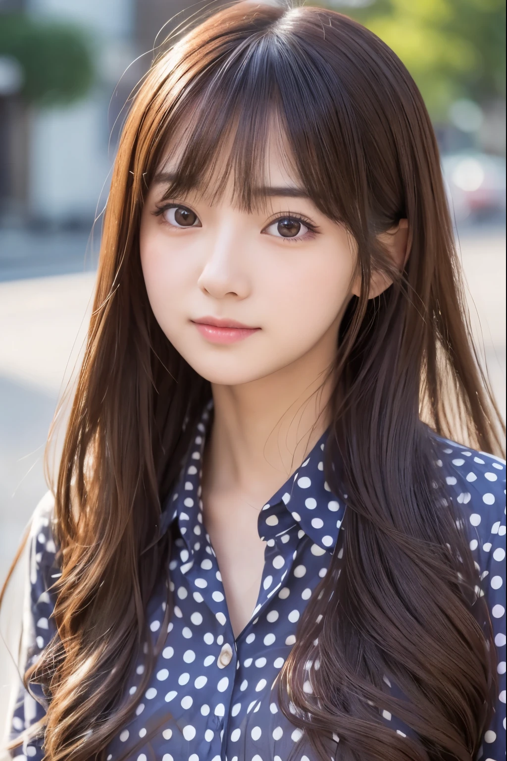 there is a woman with long hair wearing a polka dot shirt, 奈良美智, sakimichan, with small nose, chiho, with accurate face, cute natural anime face, japanese facial features, clear cute face, kawaii realistic portrait, asian face, 8k (full body photo graph), soft makeup