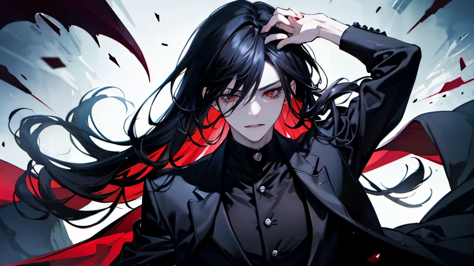 (best quality), 1man,Masculinity,One with long black hair,red eyes,vampire,Open your mouth to show your fangs,Gorgeous dark atmosphere, Wear a black suit,late night