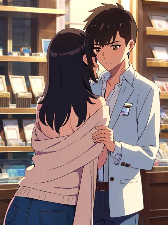 shinkai makoto, kimi no na wa., 1boy, buzzcut, iffice suit,boy touching girl chest,chestgrope from behind, kiss cheeks, passionate hug, boy is hugging from behind, 1girl, bangs, black hair, brown eyes, twisted half up, red ribbon, long hair, long sleeve light yellow cardigan, open shirt, white shirt, cleavage, breast, medium breast, blue pants, name tag written "LUMINE Miyamizu", looking at the viewer, indoors, jewelry shop, indoors, mallmasterpiece, perfect ???????, cowboyshot, 