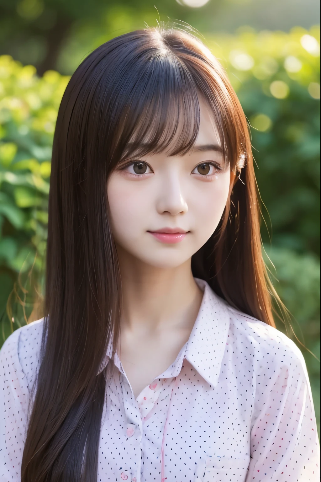 there is a woman with long hair wearing a polka dot shirt, 奈良美智, sakimichan, with small nose, chiho, with accurate face, cute natural anime face, japanese facial features, clear cute face, kawaii realistic portrait, asian face, 8k ((full body photo graph)), soft makeup