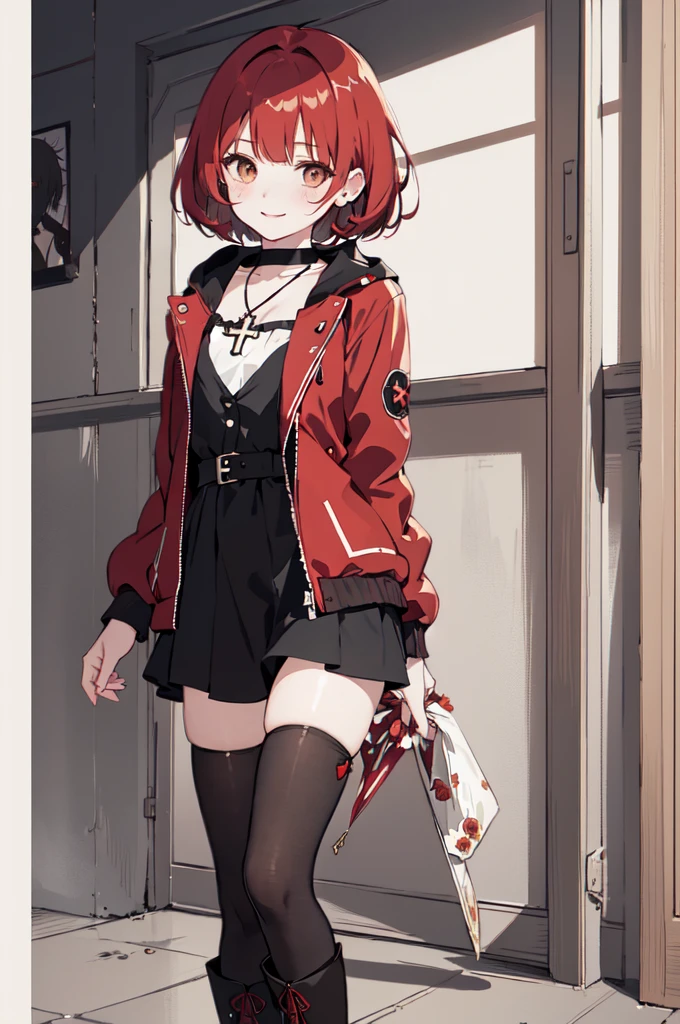 (masterpiece), (best quality), (ultra detailed),(disheveled hair),(illustration), (1woman), ((black attached skirt)(long red jacket with small red rose print)(pantyhose with black hearts)(black boots)), standing, Fashion model, looking at viewer, (interview), (casual background),beautiful brown eyes, delicate beautiful face, ,(high saturation),(colorful splashes),(shining), kamisato ayaka, red hair, bangs, short hair, (shining), best lighting, best shadow. catholic cross necklace. smiling sexy. blush