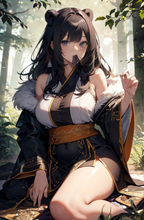 (一只的狗 - a big, wealthy bear),(Sitting helplessly on the ground),(Wearing Chinese robes: 1.3, detailed and intricate),(Various patches of fur and colors),(There are many towering trees and dense woods around),(Young: 1.1, with slightly rounded belly and a mouth slightly agape),(Hairy body with white patches, messy mane),(Orc-like features, but a bear with a distinctly bear-like appearance),(High resolution masterpiece, images clear and sharp),(Perfectly rendered, no mutilation or NSFW content),(