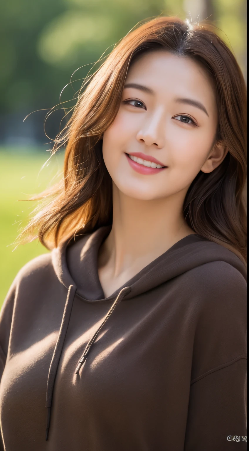 Brown-haired woman 30 years old、unclean、Lens flare、(8K、born、professional、highest quality、masterpiece:1.2)、(realistic、Photoreal:1.37)、super detailed、(best detailed skins:1.2)、(Supreme Detail Face:1.2)、movie lighting、1 female、Japanese、Short-cut brown hair、(the wind is strong)、warm white light、shy smile、Photographed from the front、((highest quality、8K、masterpiece:1.3))、beautiful woman with perfect figure:1.4、、((dark brown hair、big breasts:1.2))、Highly detailed face and skin texture、detailed eye、double eyelid、big breasts、gender wearing a plain white hoodie Tokyo city whole photo beach