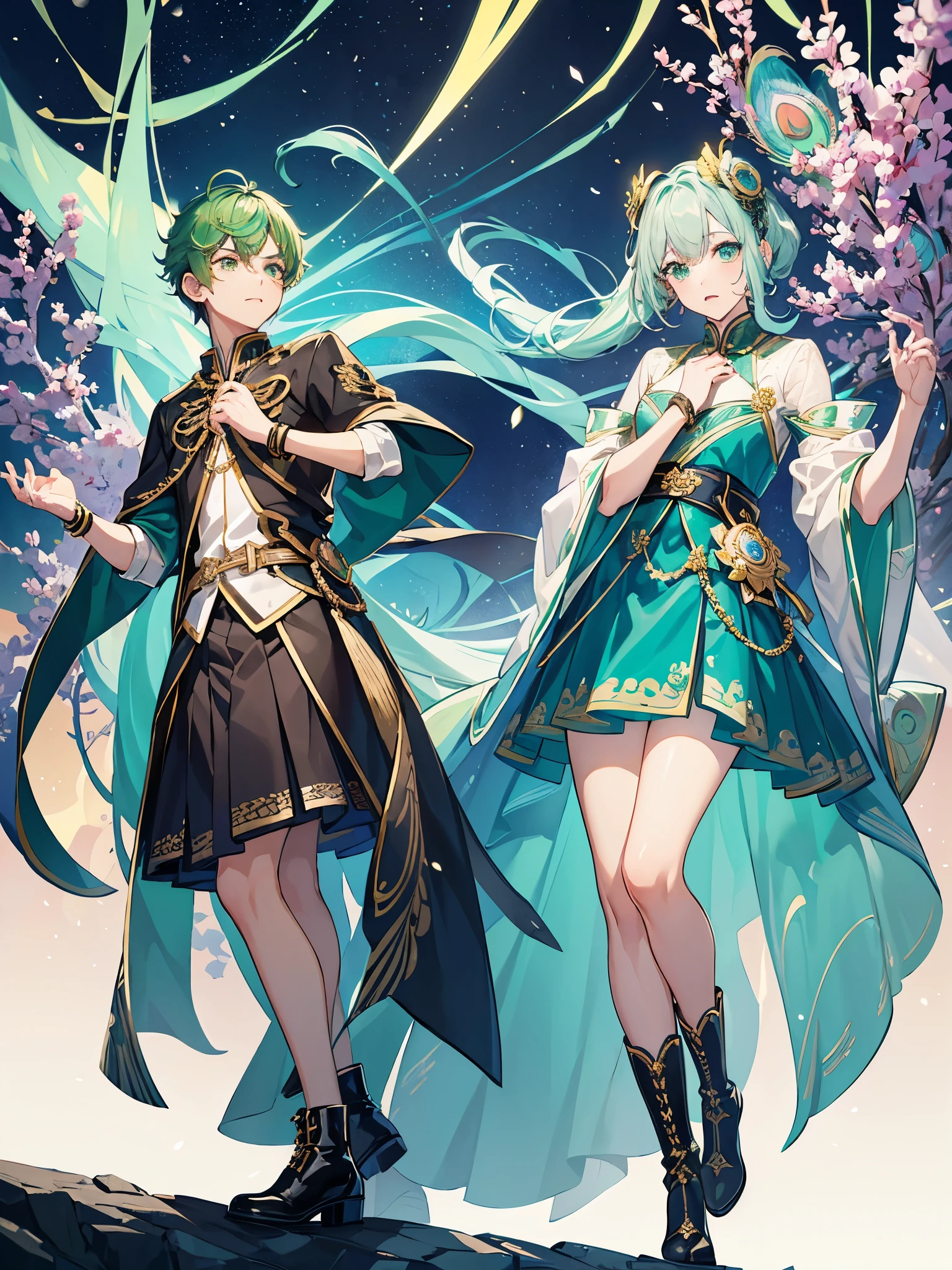 a boy, iridescent hair, peacock green eyes, ((male idol)), ((crossdressing)), long boots, 美少男, 军服外套, ((单人)), ((English style dress))