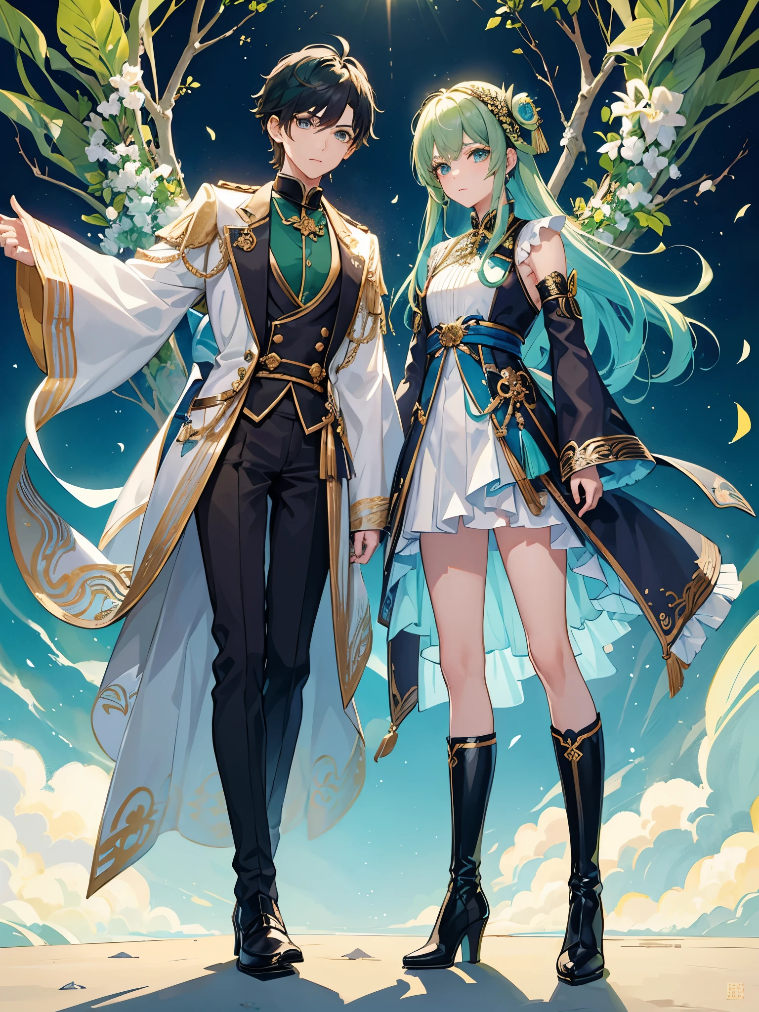 a boy, iridescent hair, peacock green eyes, ((male idol)), ((crossdressing)), long boots, 美少男, 军服外套, ((单人)), ((English style dress))
