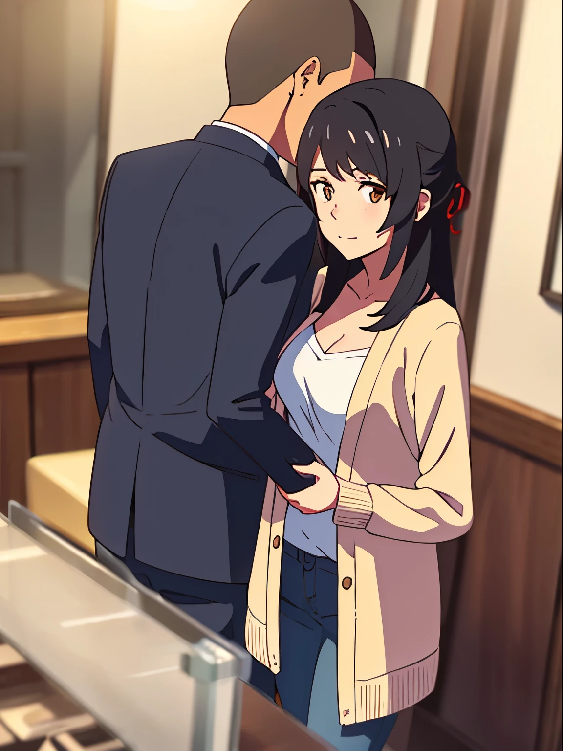 1boy, buzzcut, naked, boy behind girl, touching chest, breatsgrope from behind, grab, grabbing chest,chestgrab behind back, hold breast, hug back, hugging, neck kiss, 1girl, bangs, black hair, blush, brown eyes, red headband, red ribbon, short hair, white dress, off shoulder, cleavage, open mouth, medium breasts, bedroom, lamp, night, perfect anatomy