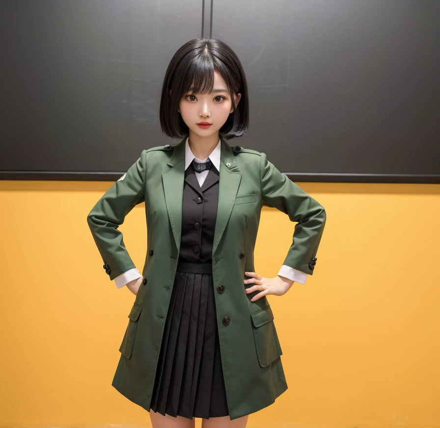 single girl in a green coat and black dress standing on a wooden floor, magical school student uniform, magic school uniform, cloth sim, ray tracing, vivid color, black short hair around shoulder, paint splash, Super fine detail，work，Authentic texture, clear eyes, beauty eyes, perfect cute face