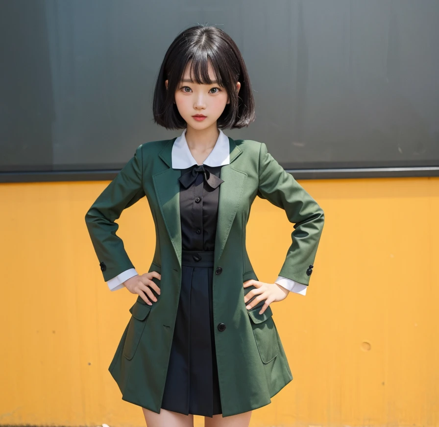 single girl in a green coat and black dress standing on a wooden floor, magical school student uniform, magic school uniform, cloth sim, ray tracing, vivid color, black short hair around shoulder, paint splash, Super fine detail,work,Authentic texture, clear eyes, beauty eyes, perfect cute face