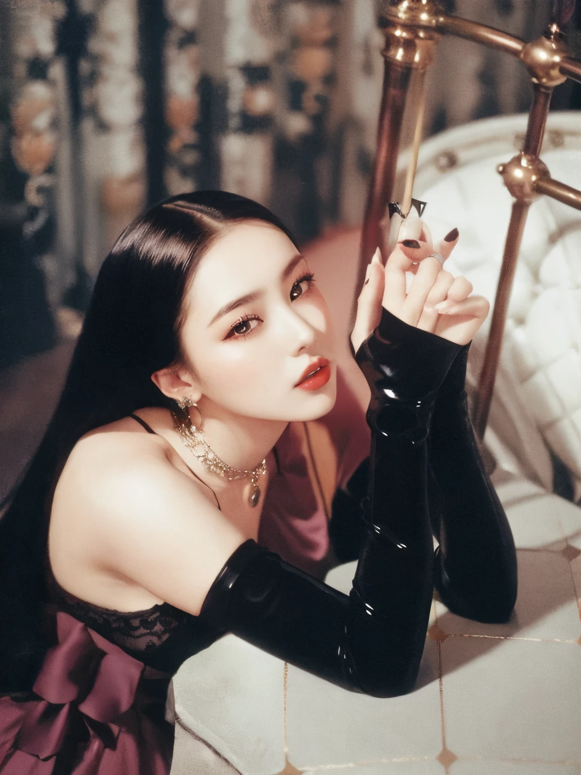 there is a woman in a black dress, charli xcx, goth girl aesthetic, goth aesthetic, gothic horror vibes, darkwave goth aesthetic, young arab monica bellucci, inspired by Nina Petrovna Valetova, dominatrix, julia gorokhova, latex domme, maxim sukharev, olga buzova, high quality film still, miyeon gidle