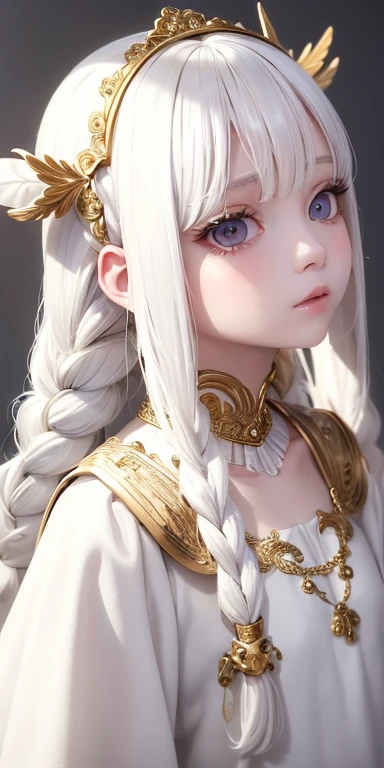 best quality, masterpiece,white hair, gold eyes,white clothes, looking up, upper body,hair strand,Fair skin,side braids