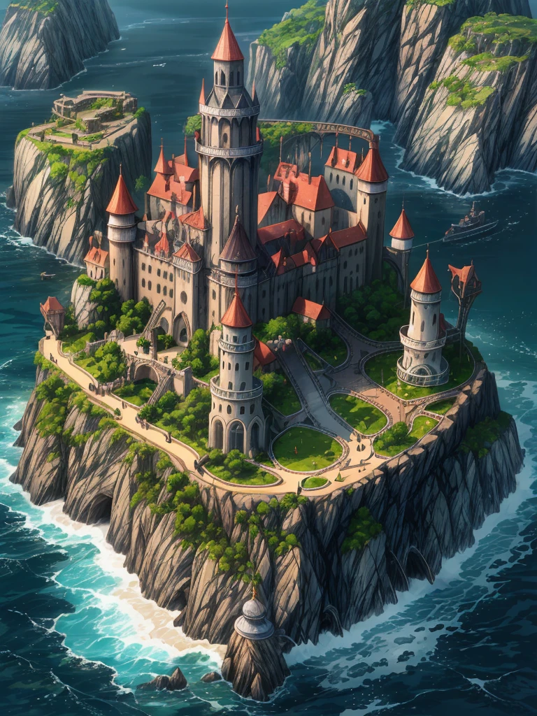 (((masterpiece、Highest image quality、highest quality、highly detailed unity 8kwallpaper)))、((An isolated island in the sea))、(A castle on a lonely island)、tower
