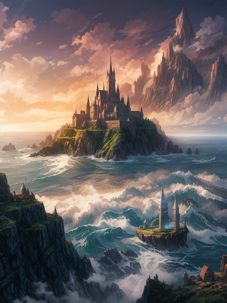 (((masterpiece、Highest image quality、highest quality、highly detailed unity 8kwallpaper)))、((An isolated island in the sea))、(A castle on a lonely island)、tower