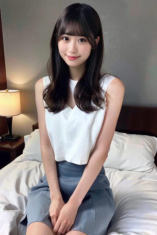Masterpiece, best quality, high resolution, an extremely delicate and beautiful, night, hotel room, on the bed, white shirt, grey skirt, light smile, short, small, (((small breasts))), long hair, blunt bangs, young woman, (((young face))), (((pretty face))), (pretty japanese woman), detailed pretty face, perfect face, realistic, photorealistic
