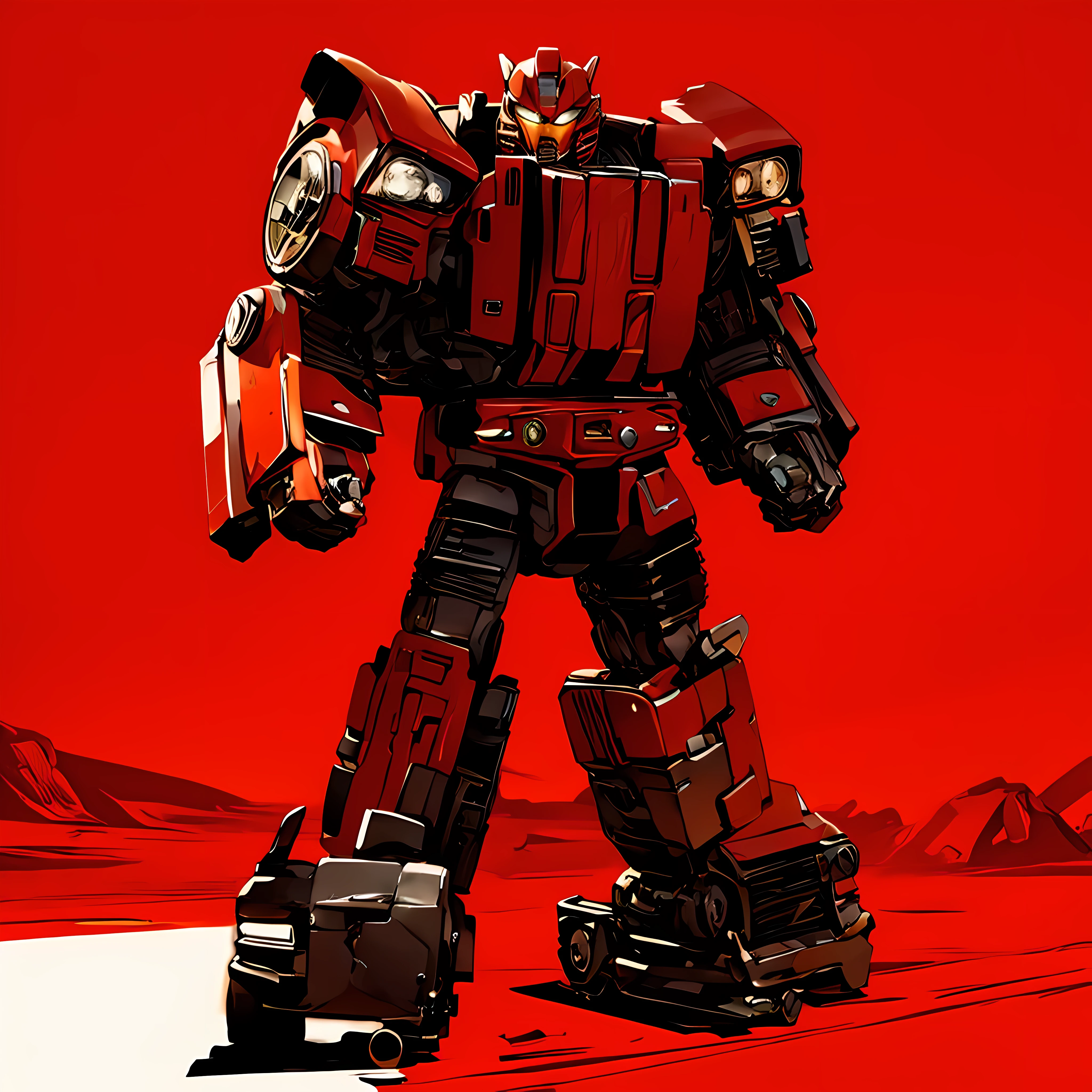 ((Best Quality)), ((masterpiece)), Highly detailed, 8K, Transformers clffjumper made from mini-cooper, smiing friendly, matte red painted, bright distinct arizona desert background with clear sky, plain mesa background, cel-shaded, line art, bold outlines, comic style, inkpunk, bright noon lighting